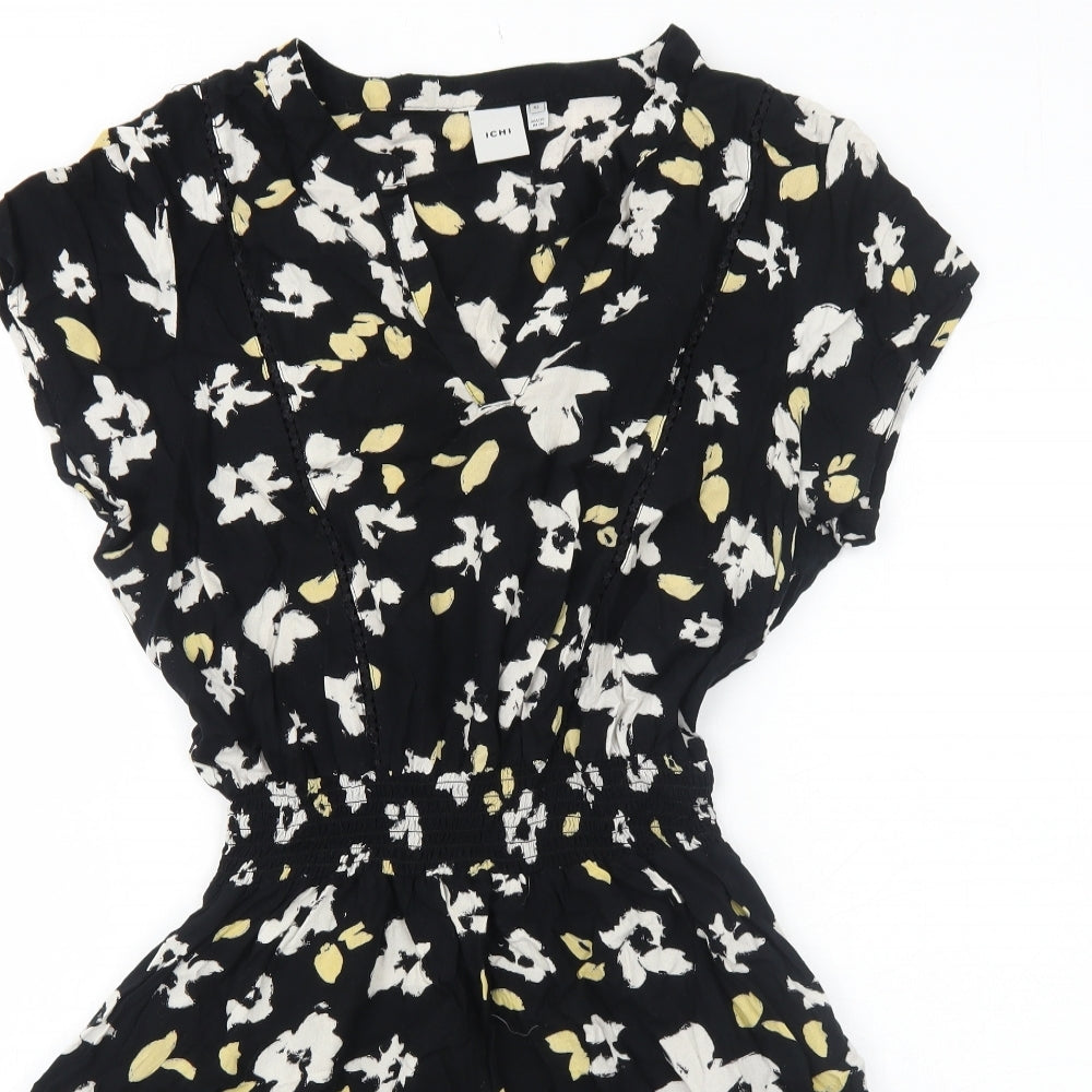 ICHI Womens Black Geometric Viscose Fit & Flare Size 14 V-Neck Pullover