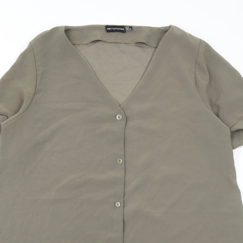 PRETTYLITTLETHING Womens Green Polyester A-Line Size 12 V-Neck Button