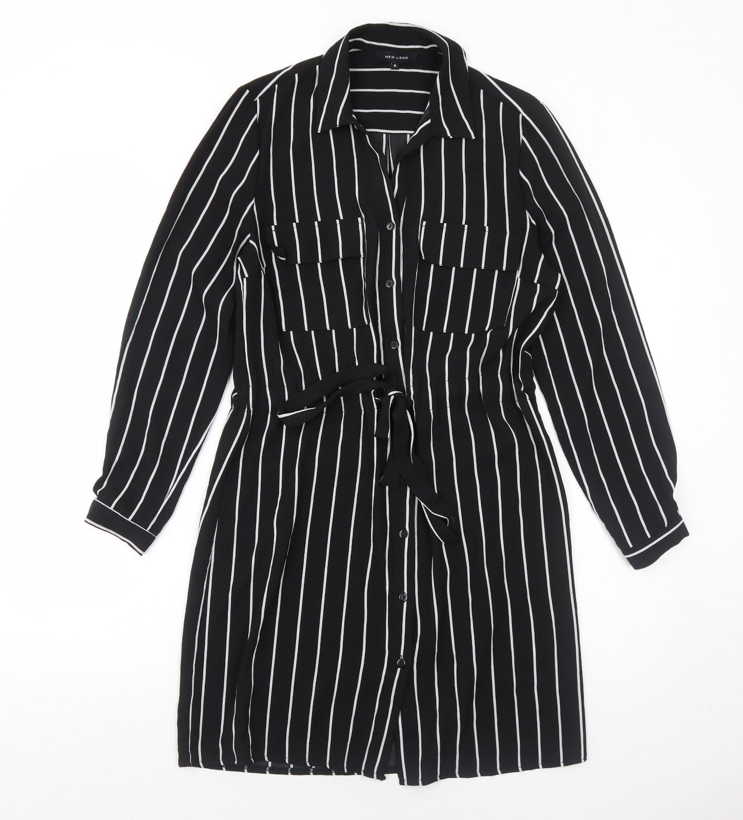 New Look Womens Black Striped Polyester Shirt Dress Size 8 Collared Button
