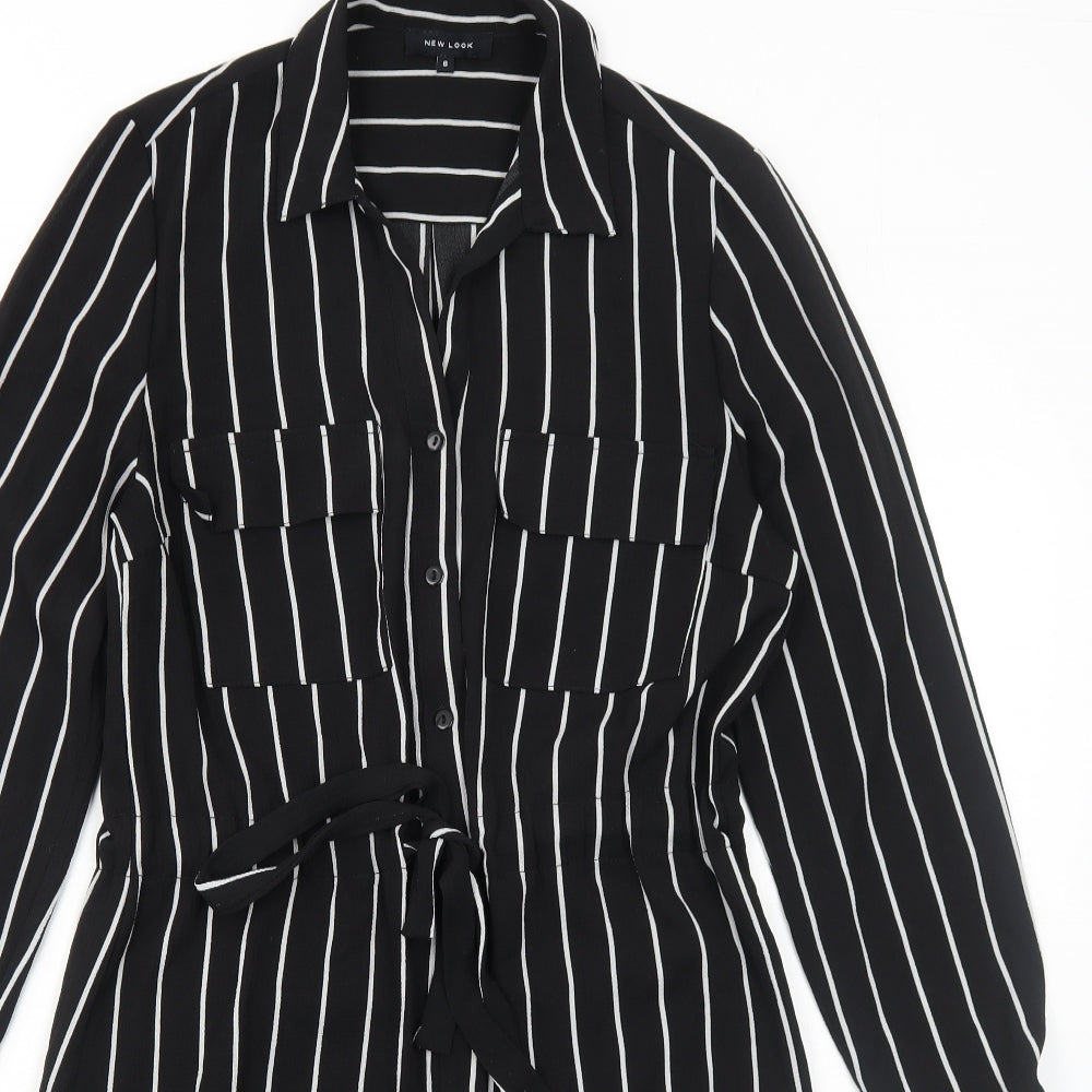 New Look Womens Black Striped Polyester Shirt Dress Size 8 Collared Button