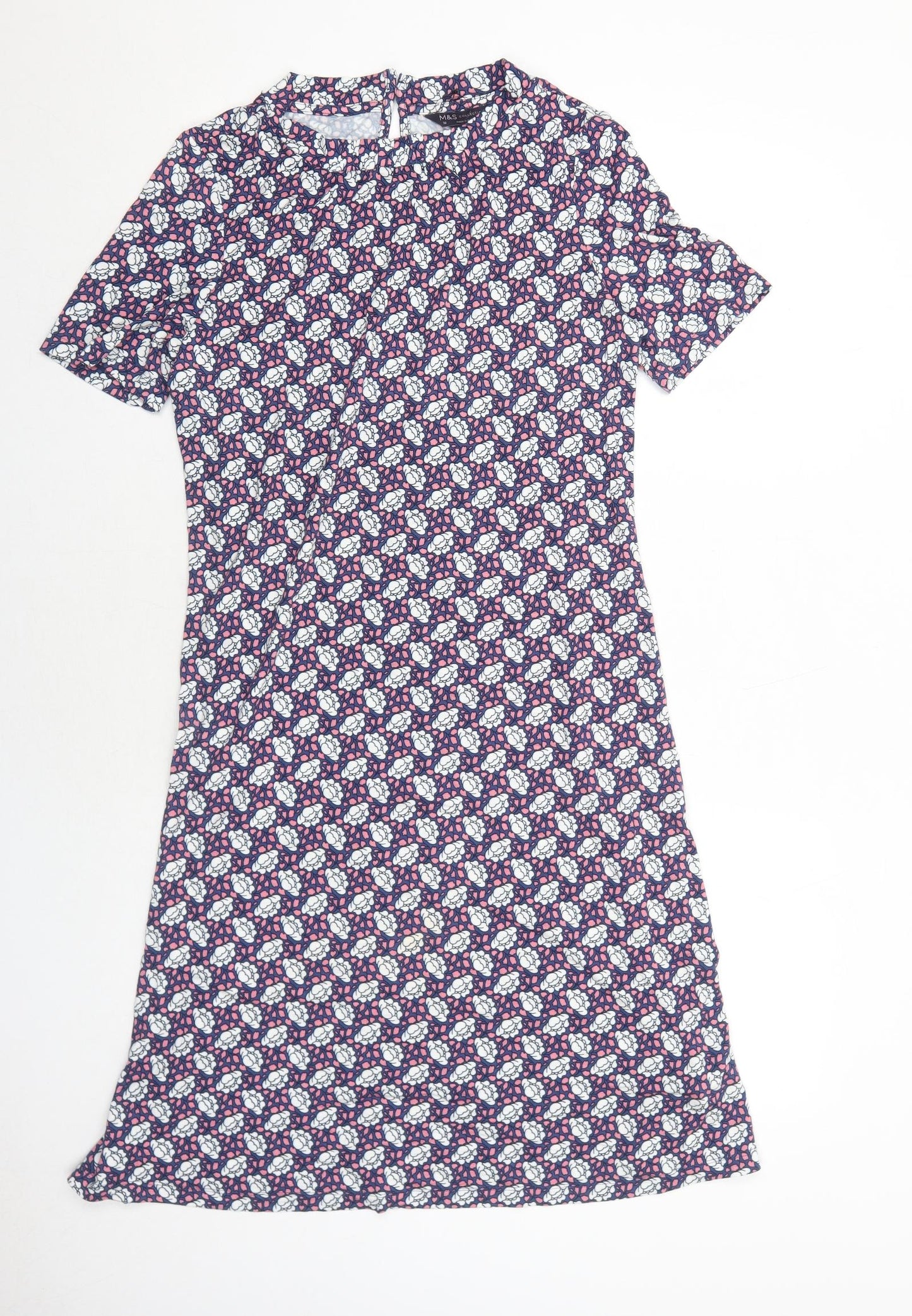 Marks and Spencer Womens Blue Geometric Viscose A-Line Size 10 Round Neck Button
