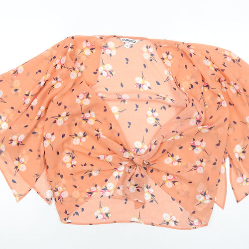 New Look Girls Orange Floral Polyester Cropped Blouse Size 13 Years V-Neck Tie - Tie Front