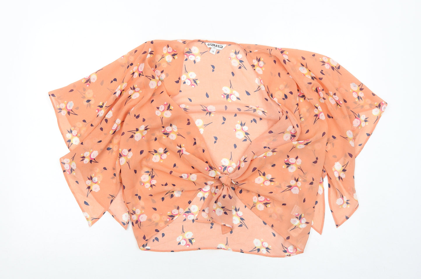 New Look Girls Orange Floral Polyester Cropped Blouse Size 13 Years V-Neck Tie - Tie Front