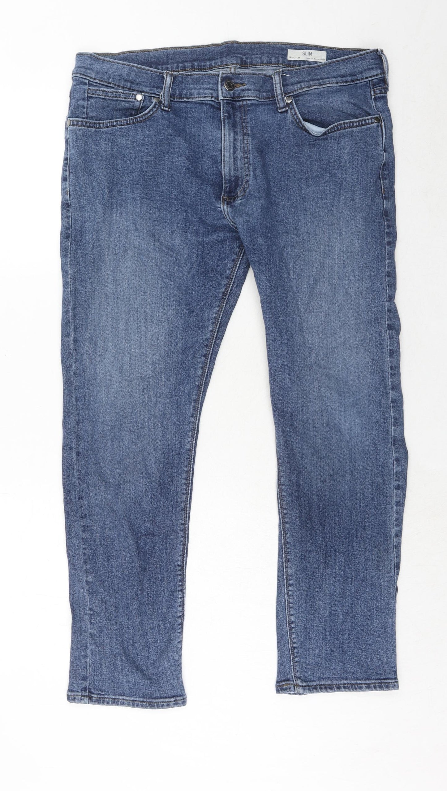 Marks and Spencer Mens Blue Cotton Straight Jeans Size 36 in L28 in Slim Zip