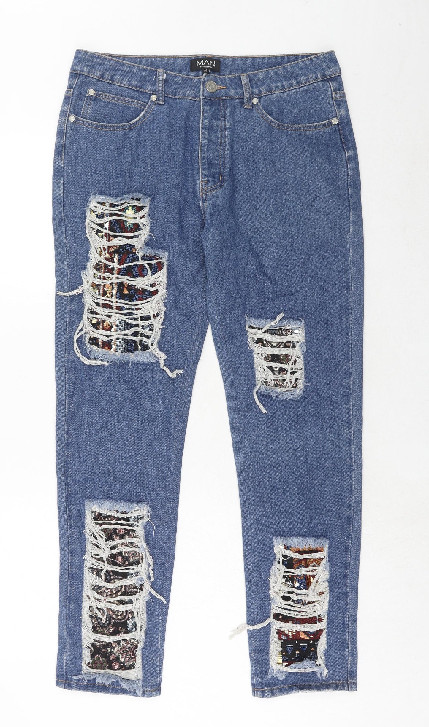 Boohoo Mens Blue Cotton Straight Jeans Size 32 in Regular Zip
