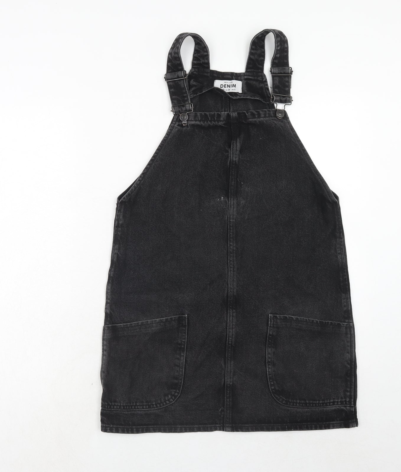 New Look Womens Black Cotton Pinafore/Dungaree Dress Size 10 Square Neck Buckle