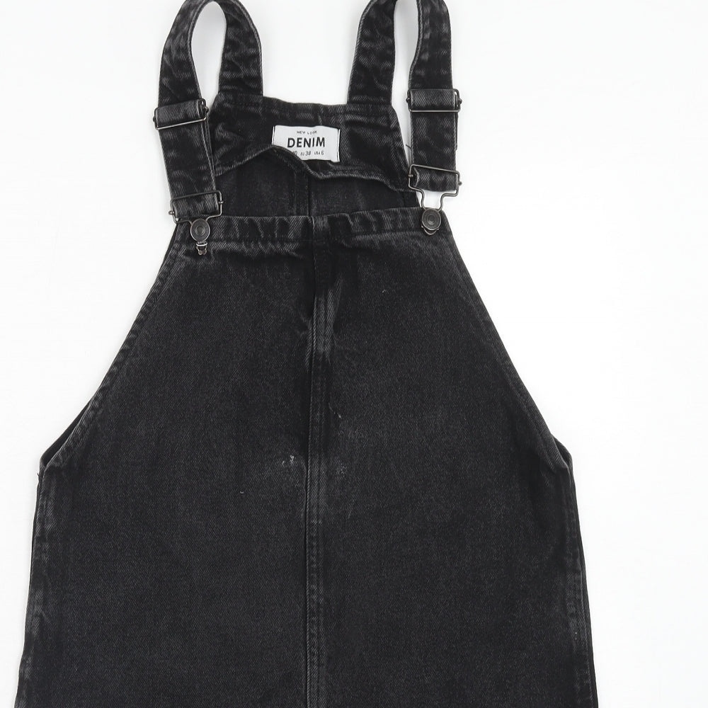 New Look Womens Black Cotton Pinafore/Dungaree Dress Size 10 Square Neck Buckle