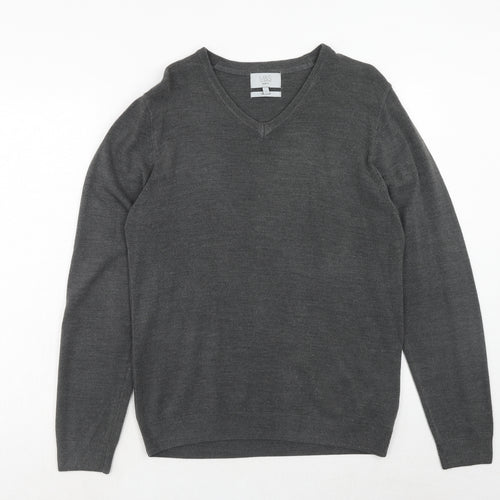 Marks and Spencer Mens Grey V-Neck Acrylic Pullover Jumper Size L Long Sleeve
