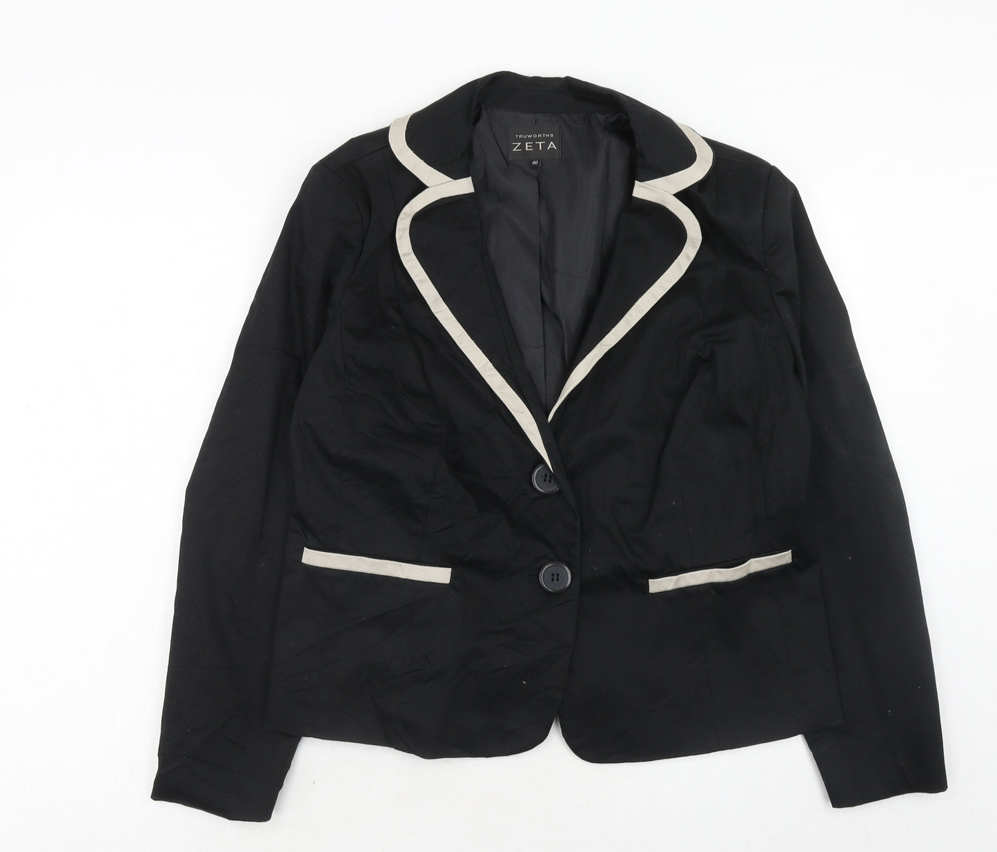 ZETA Womens Black Cotton Jacket Blazer Size 12 - Contrasting Trim