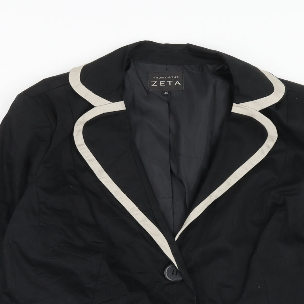 ZETA Womens Black Cotton Jacket Blazer Size 12 - Contrasting Trim