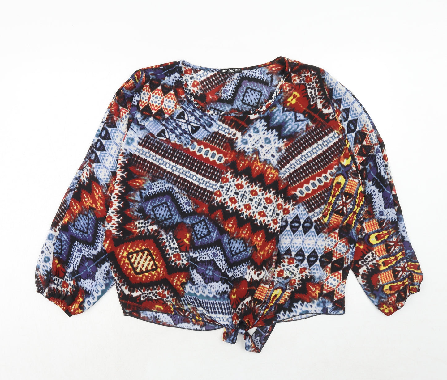 Cha Cha Vente Womens Multicoloured Geometric Polyester Basic Blouse Size M Round Neck - Knot Front