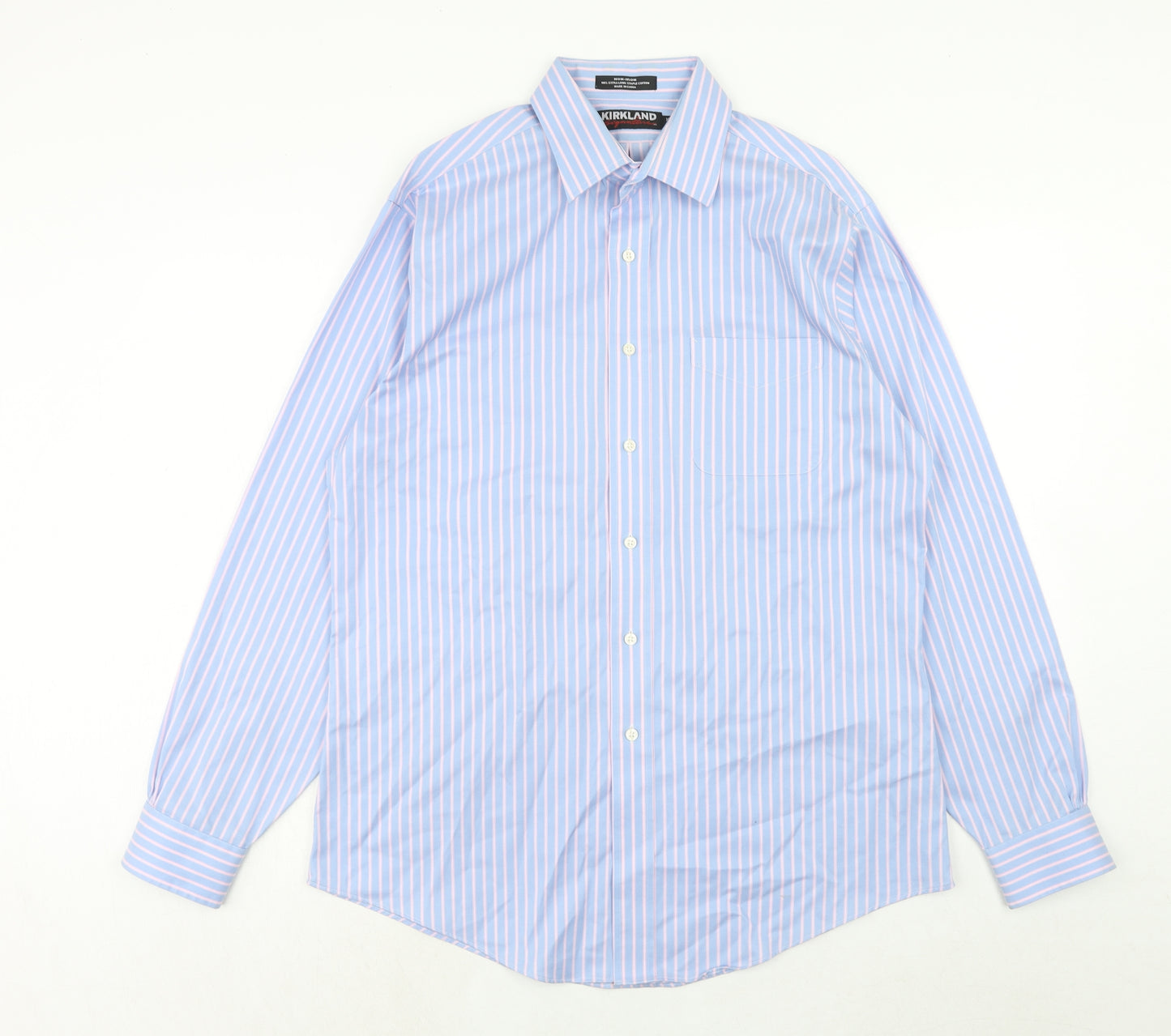Kirkland Mens Blue Striped Cotton Button-Up Size 15 Collared Button