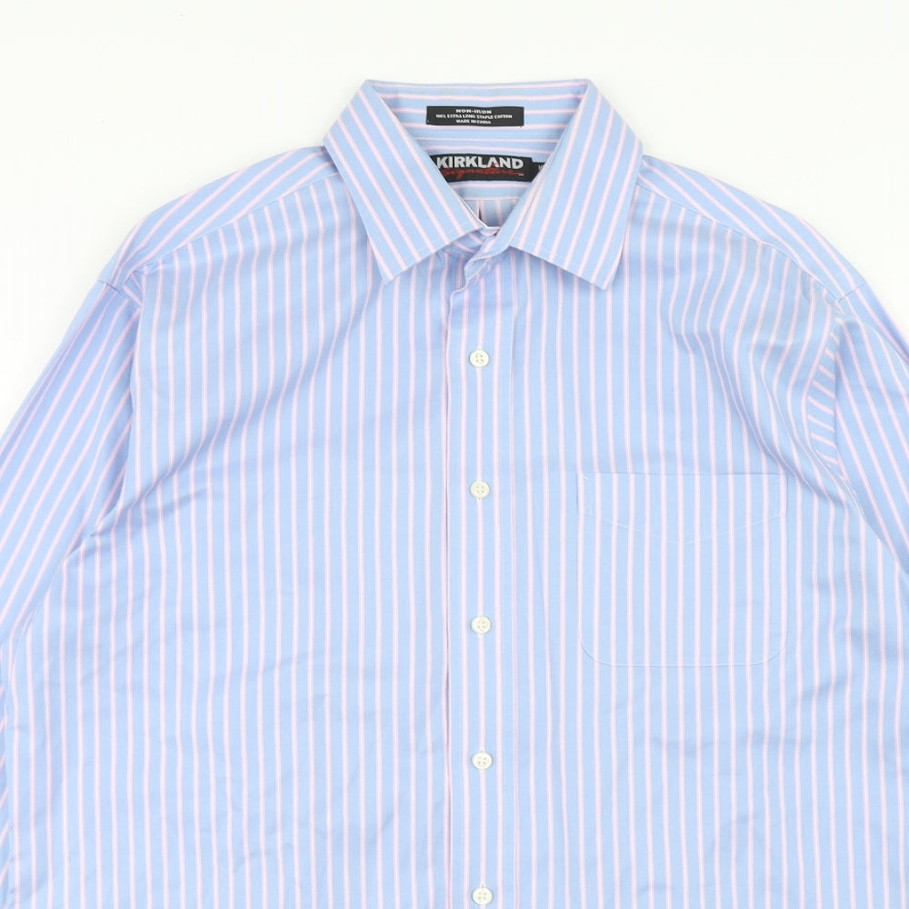 Kirkland Mens Blue Striped Cotton Button-Up Size 15 Collared Button