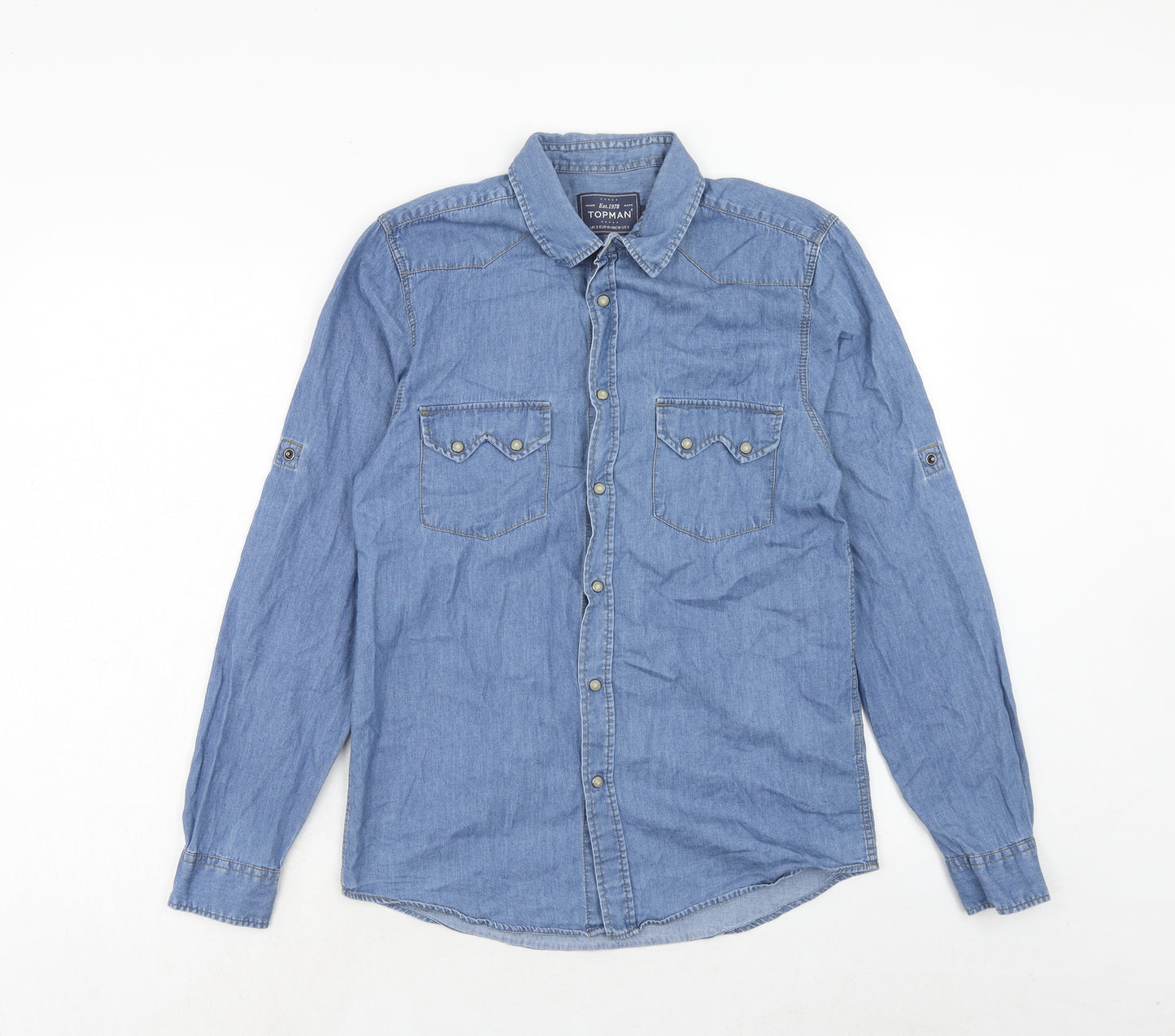Topman Mens Blue Cotton Button-Up Size S Collared Snap