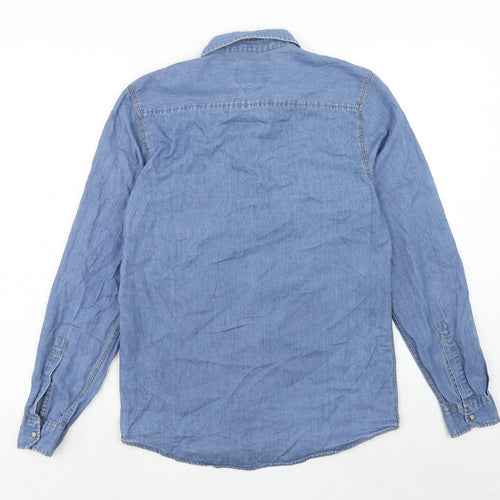 Topman Mens Blue Cotton Button-Up Size S Collared Snap