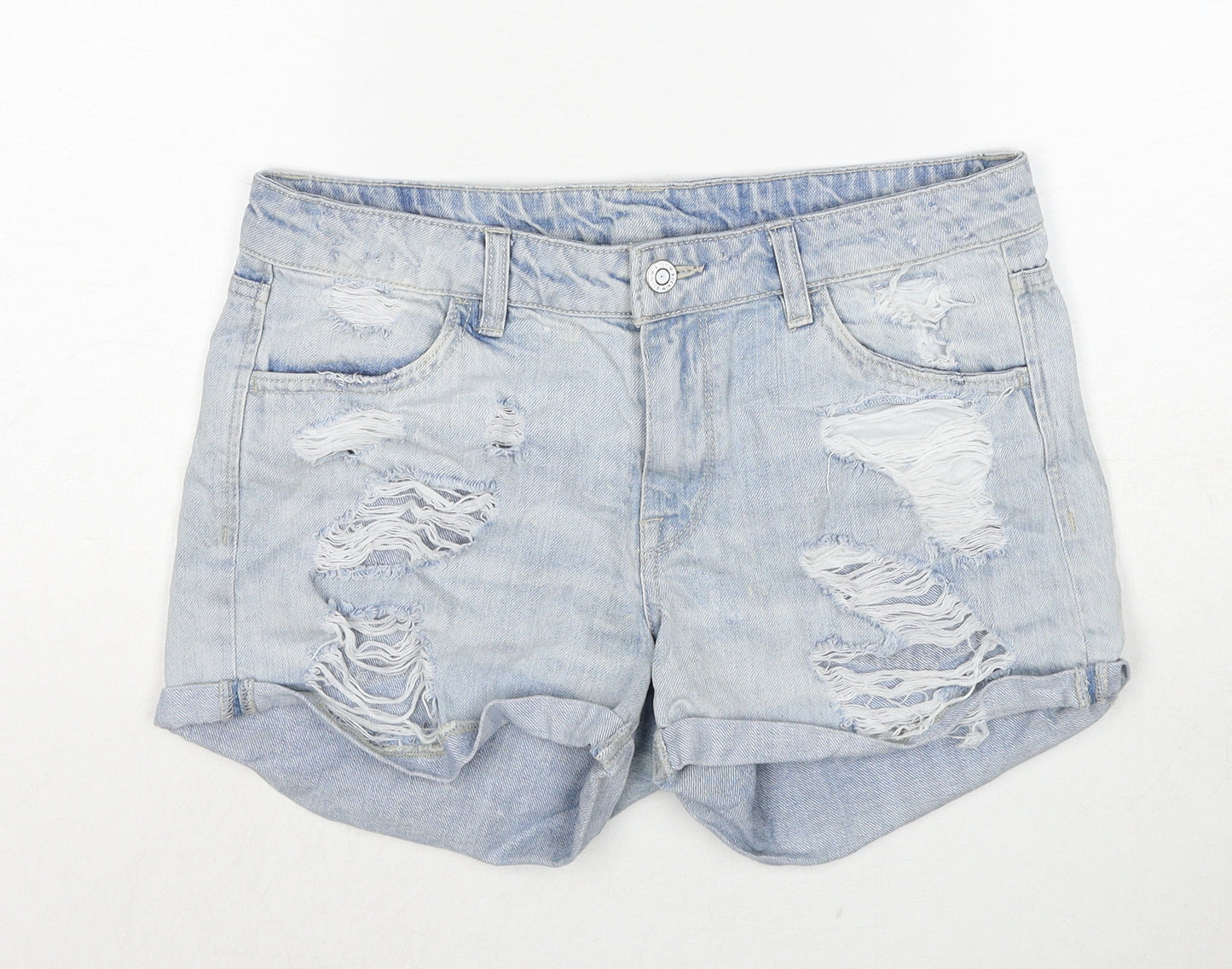 H&M Womens Blue Cotton Hot Pants Shorts Size 10 Regular Zip - Distressed