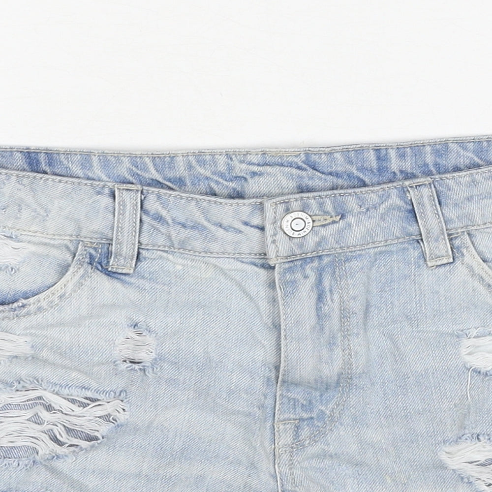 H&M Womens Blue Cotton Hot Pants Shorts Size 10 Regular Zip - Distressed