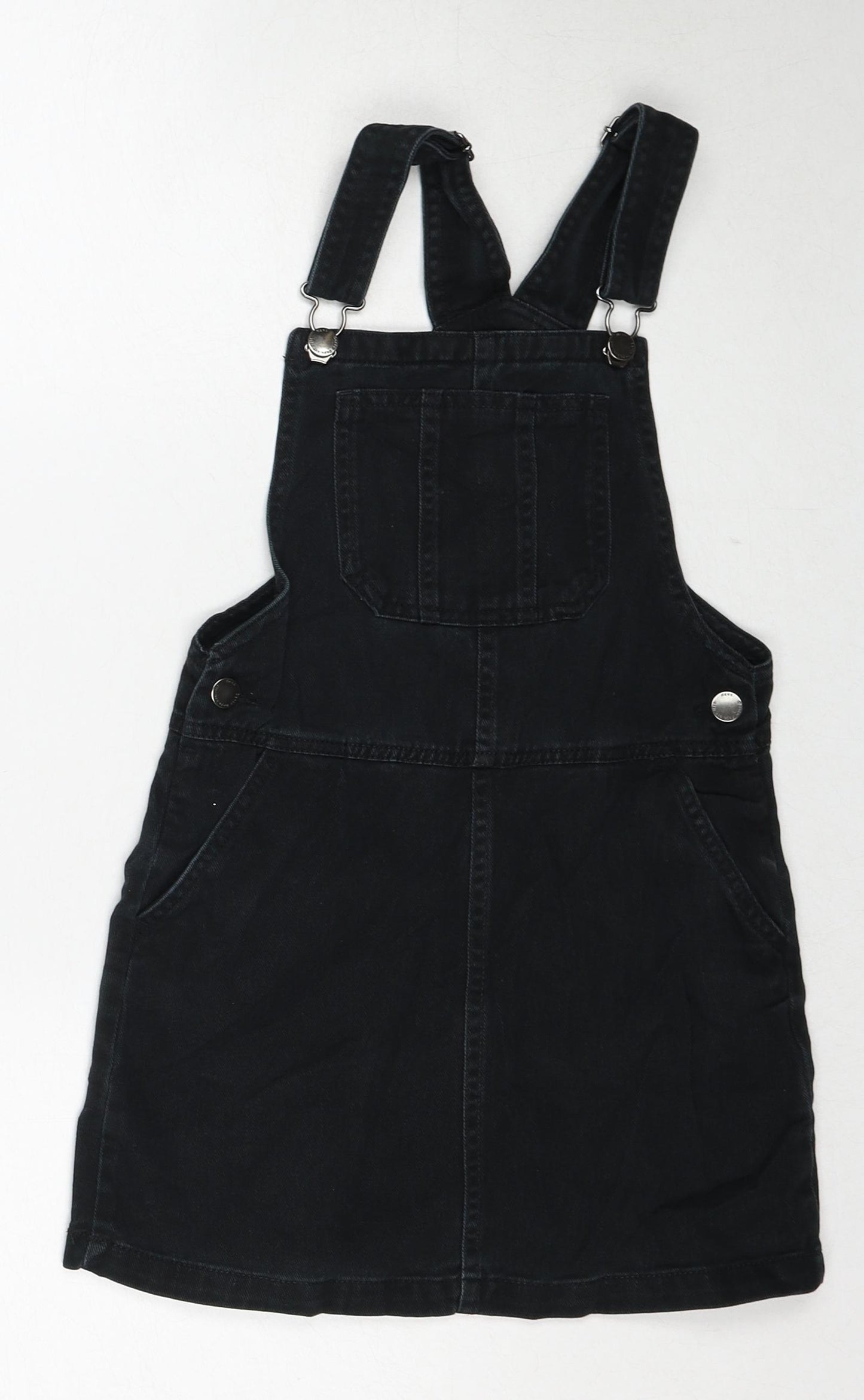 NEXT Girls Black Cotton Pinafore/Dungaree Dress Size 9 Years Square Neck Buckle