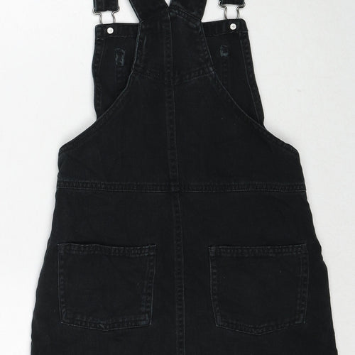 NEXT Girls Black Cotton Pinafore/Dungaree Dress Size 9 Years Square Neck Buckle