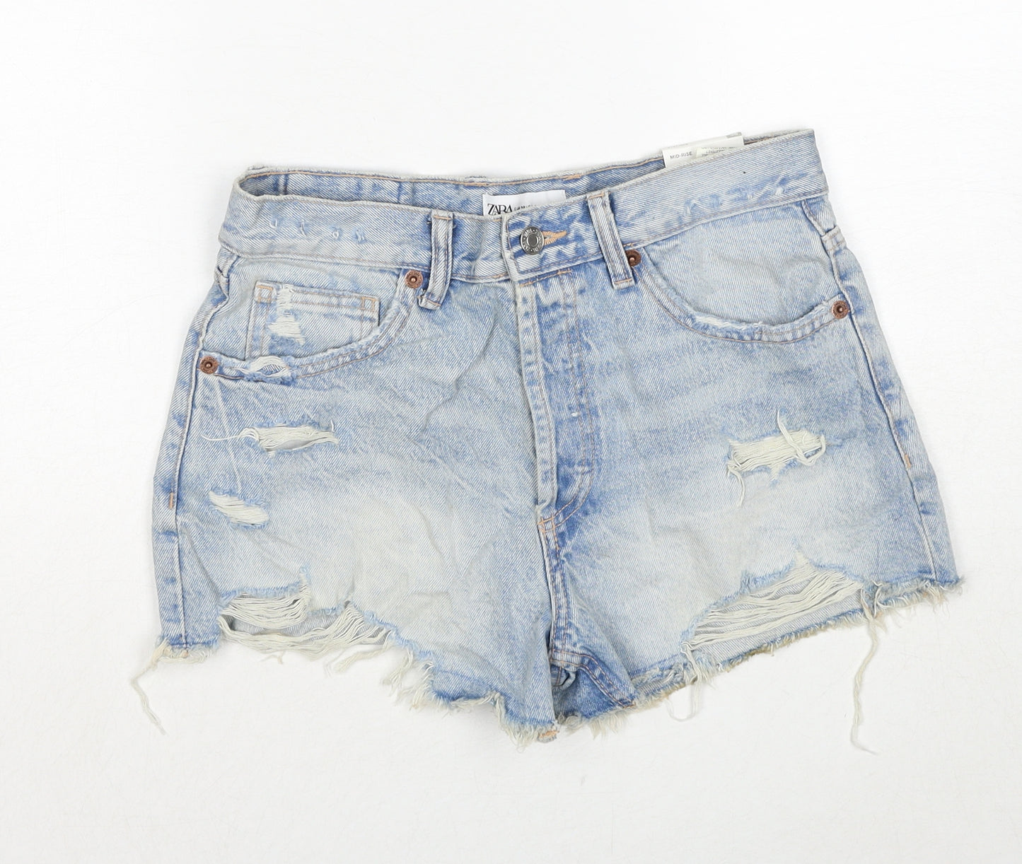 Zara Womens Blue Cotton Cut-Off Shorts Size 8 Regular Zip - Distressed