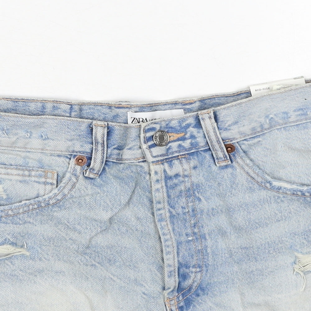 Zara Womens Blue Cotton Cut-Off Shorts Size 8 Regular Zip - Distressed