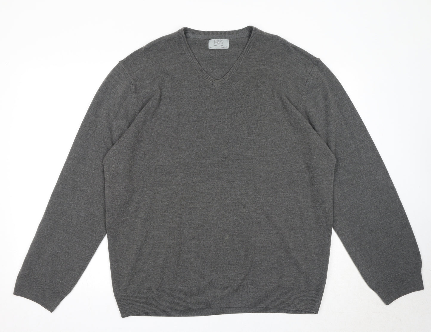 Marks and Spencer Mens Grey V-Neck Acrylic Pullover Jumper Size 2XL Long Sleeve