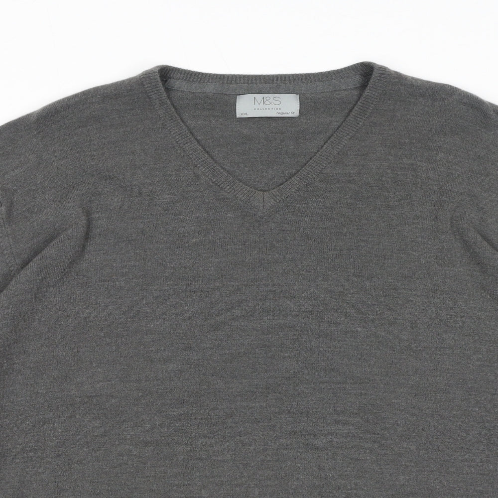 Marks and Spencer Mens Grey V-Neck Acrylic Pullover Jumper Size 2XL Long Sleeve