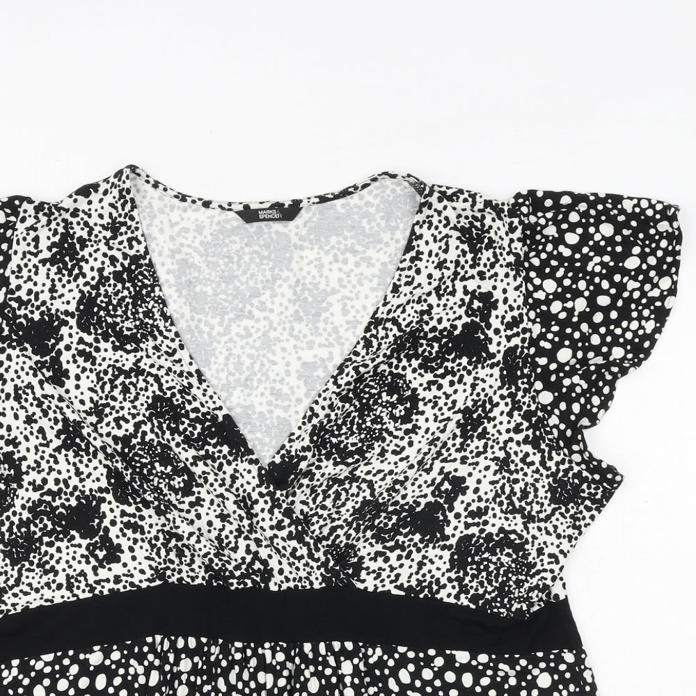 Marks and Spencer Womens Black Geometric Viscose Basic Blouse Size 18 V-Neck