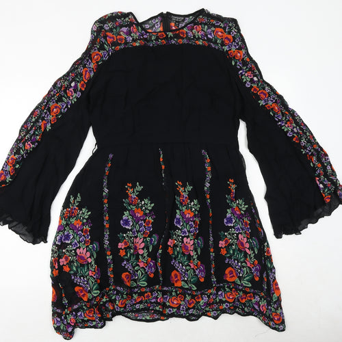 Topshop Womens Black Floral Viscose Trapeze & Swing Size 12 Round Neck Button