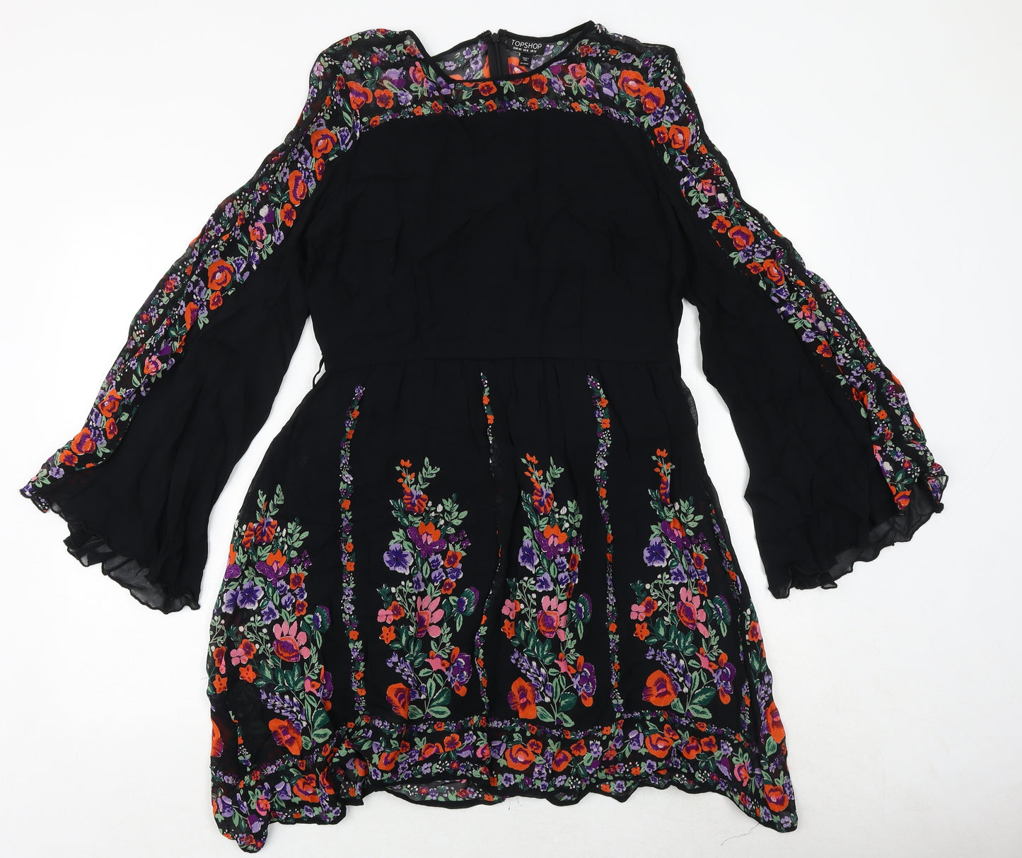 Topshop Womens Black Floral Viscose Trapeze & Swing Size 12 Round Neck Button