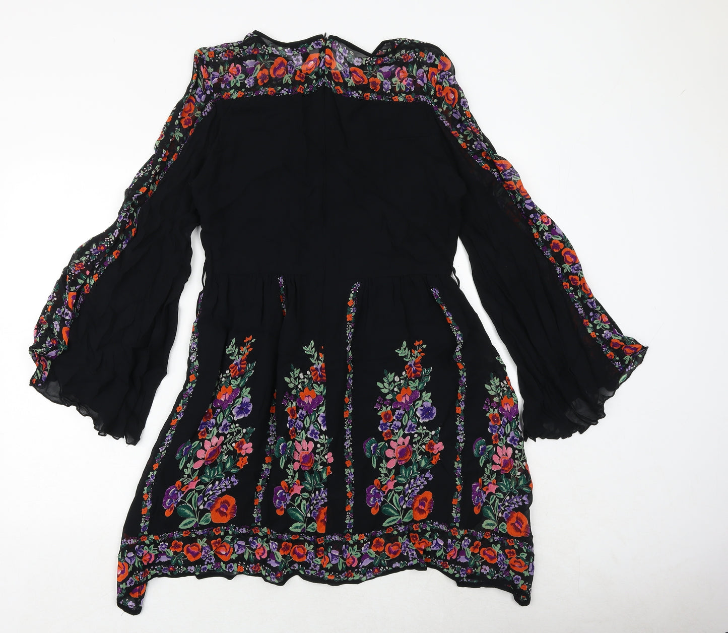 Topshop Womens Black Floral Viscose Trapeze & Swing Size 12 Round Neck Button