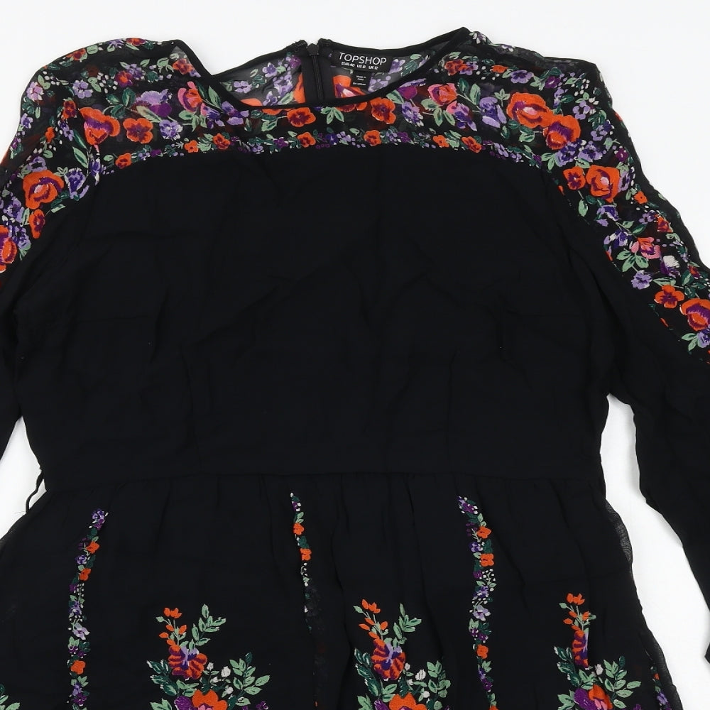 Topshop Womens Black Floral Viscose Trapeze & Swing Size 12 Round Neck Button