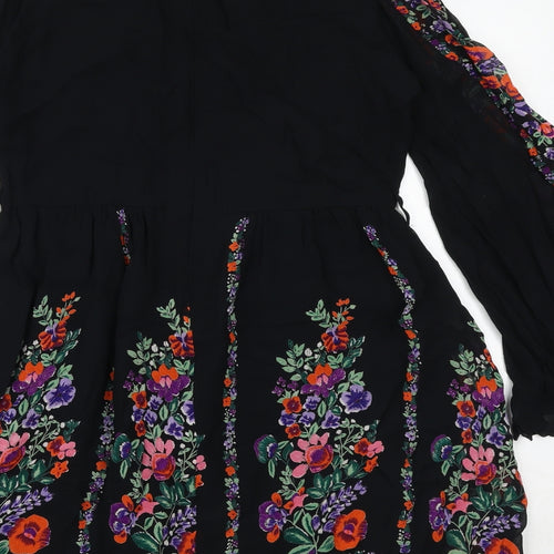Topshop Womens Black Floral Viscose Trapeze & Swing Size 12 Round Neck Button