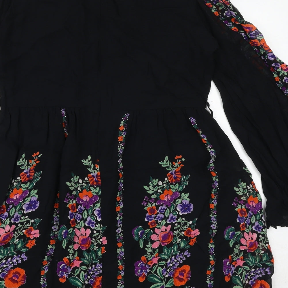 Topshop Womens Black Floral Viscose Trapeze & Swing Size 12 Round Neck Button