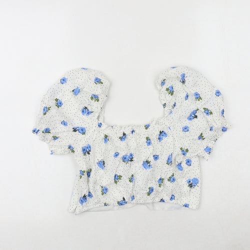 River Island Womens White Floral Viscose Cropped Blouse Size 14 Square Neck