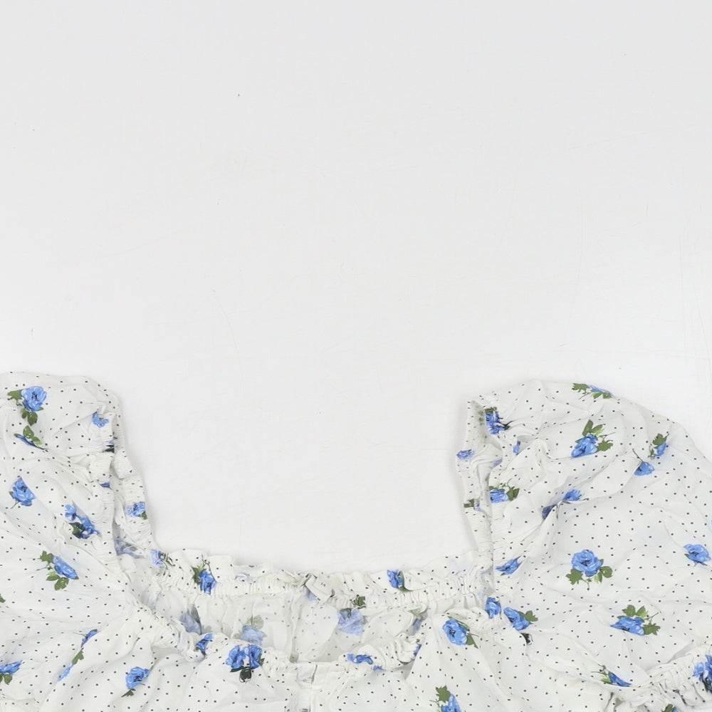 River Island Womens White Floral Viscose Cropped Blouse Size 14 Square Neck