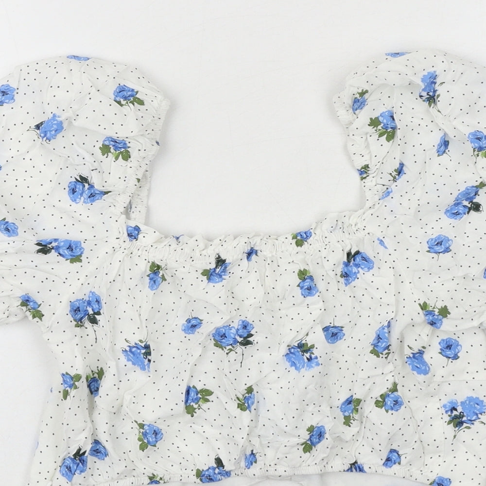 River Island Womens White Floral Viscose Cropped Blouse Size 14 Square Neck