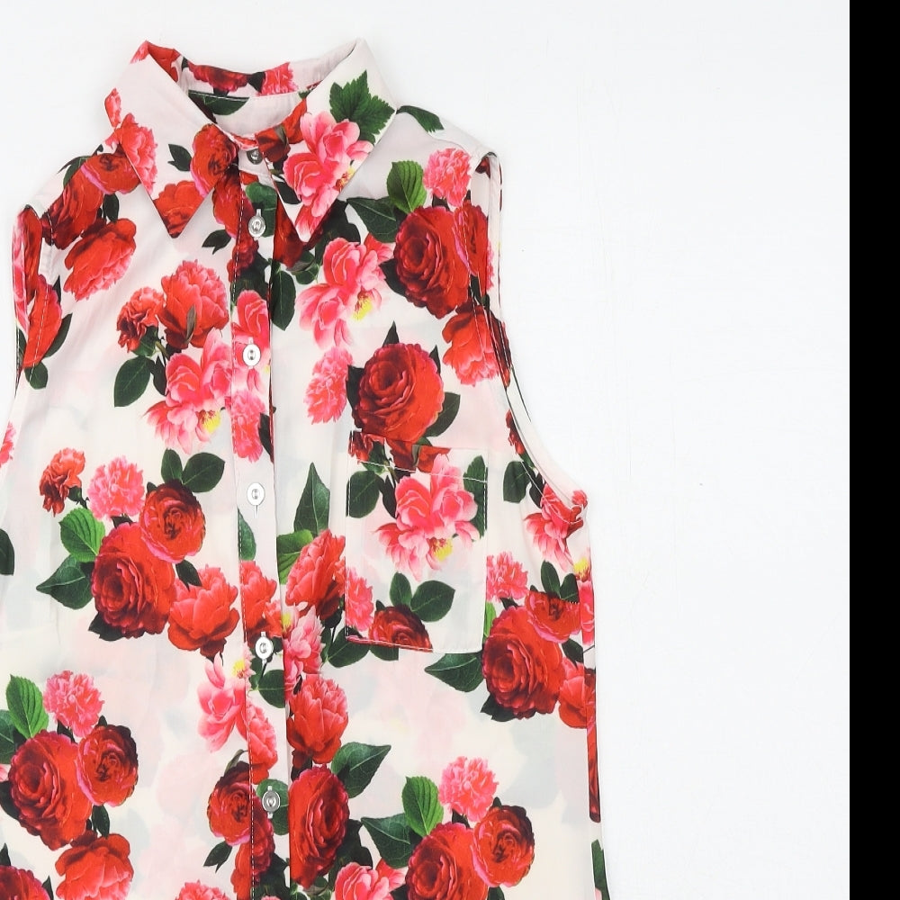 Select Womens White Floral Polyester Basic Button-Up Size 10 Collared - Roses