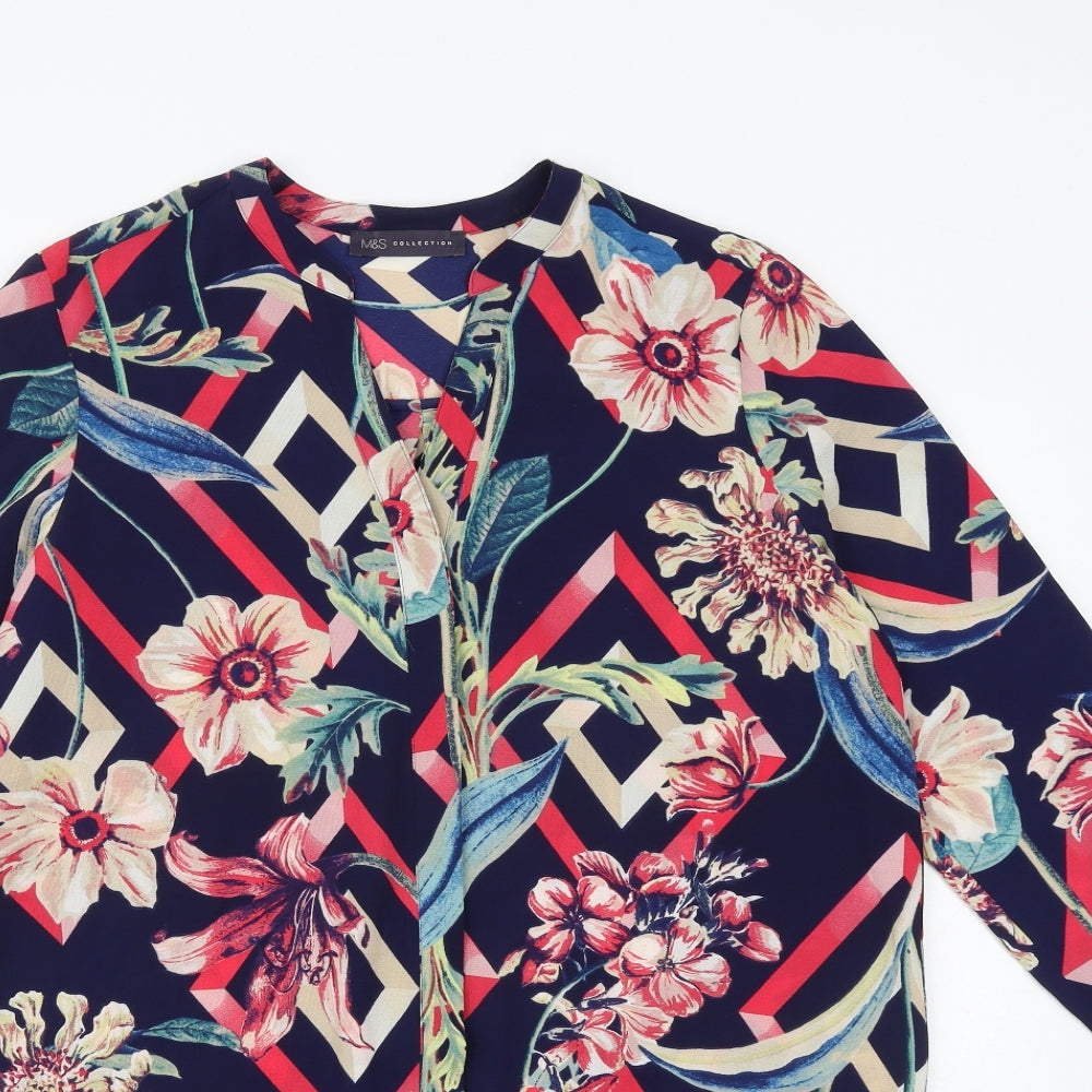 Marks and Spencer Womens Multicoloured Floral Polyester Basic Button-Up Size 12 V-Neck