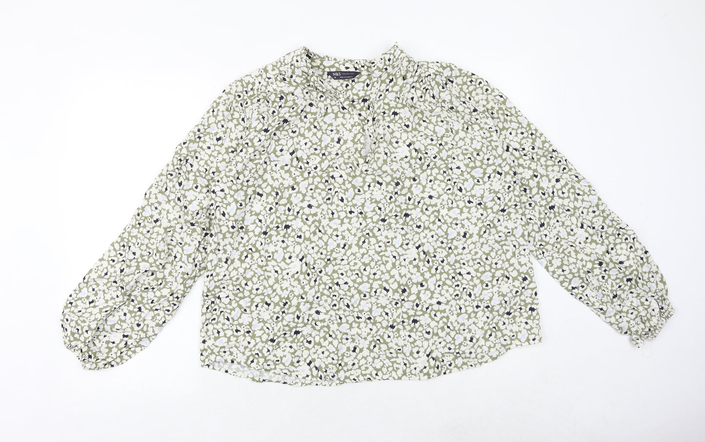 Marks and Spencer Womens Green Floral Viscose Basic Blouse Size 10 Round Neck