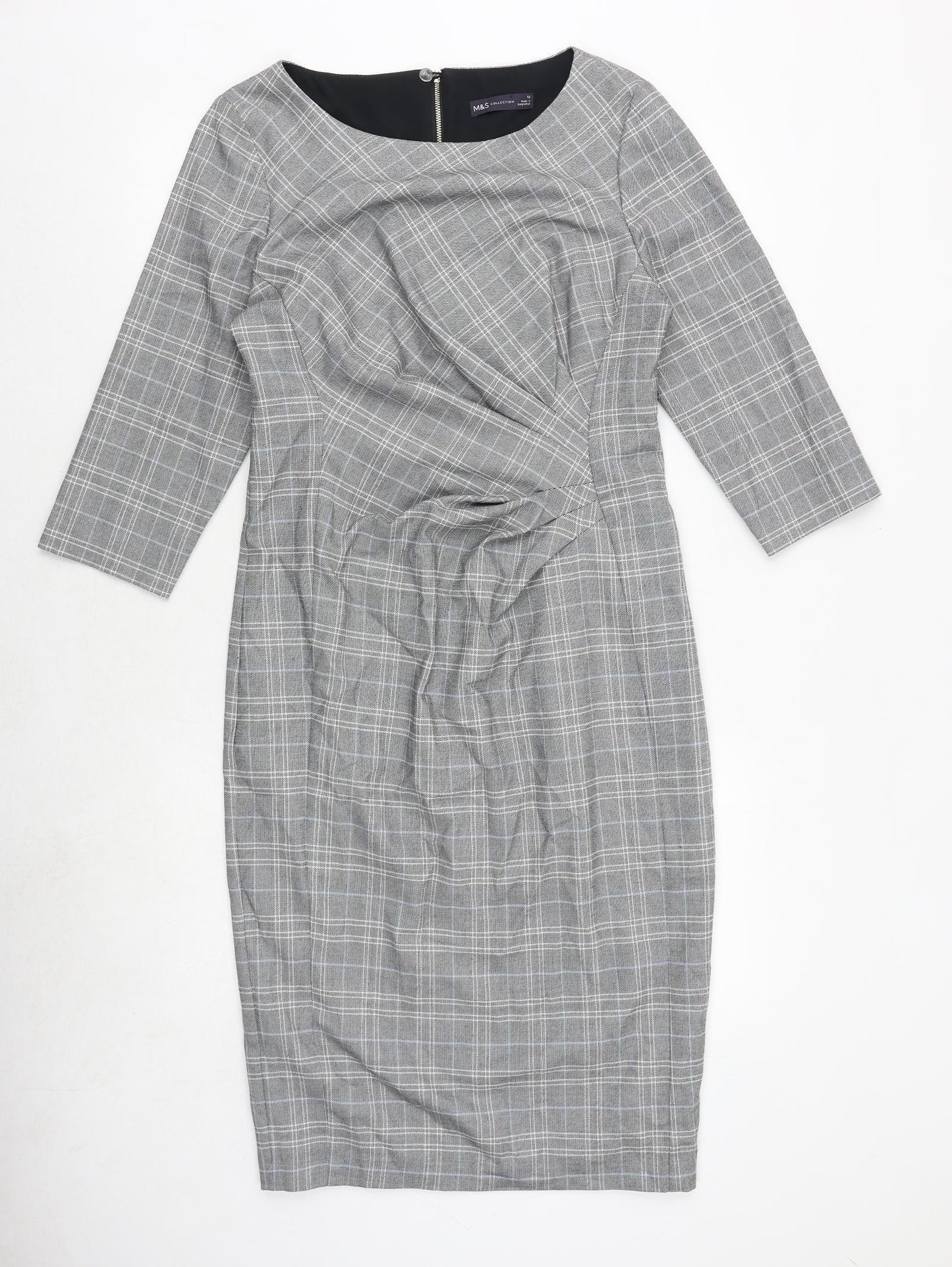 Marks and Spencer Womens Grey Plaid Polyester A-Line Size 12 Round Neck Zip