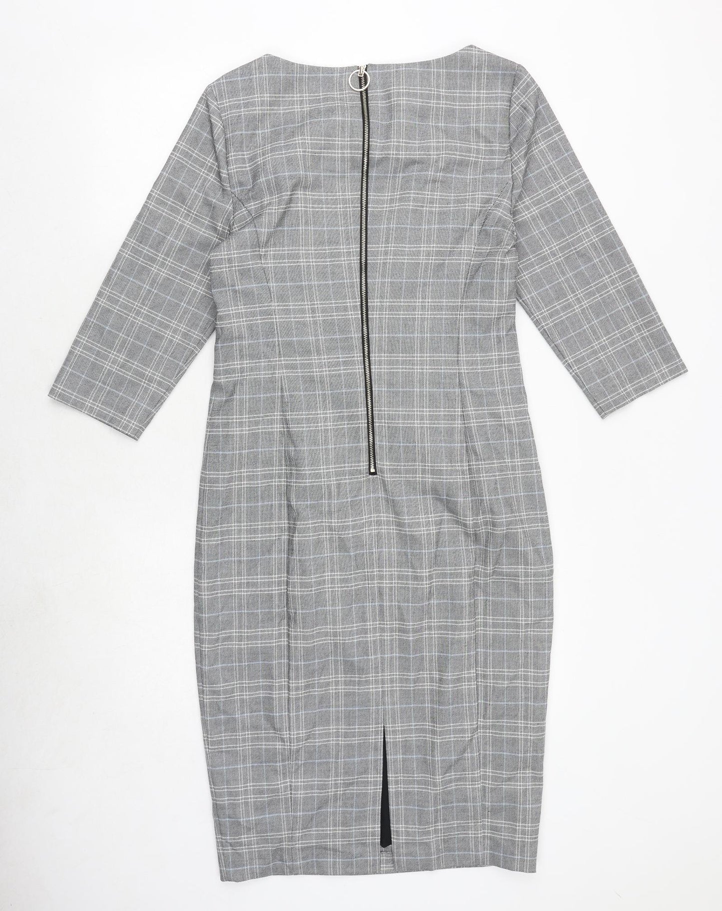 Marks and Spencer Womens Grey Plaid Polyester A-Line Size 12 Round Neck Zip