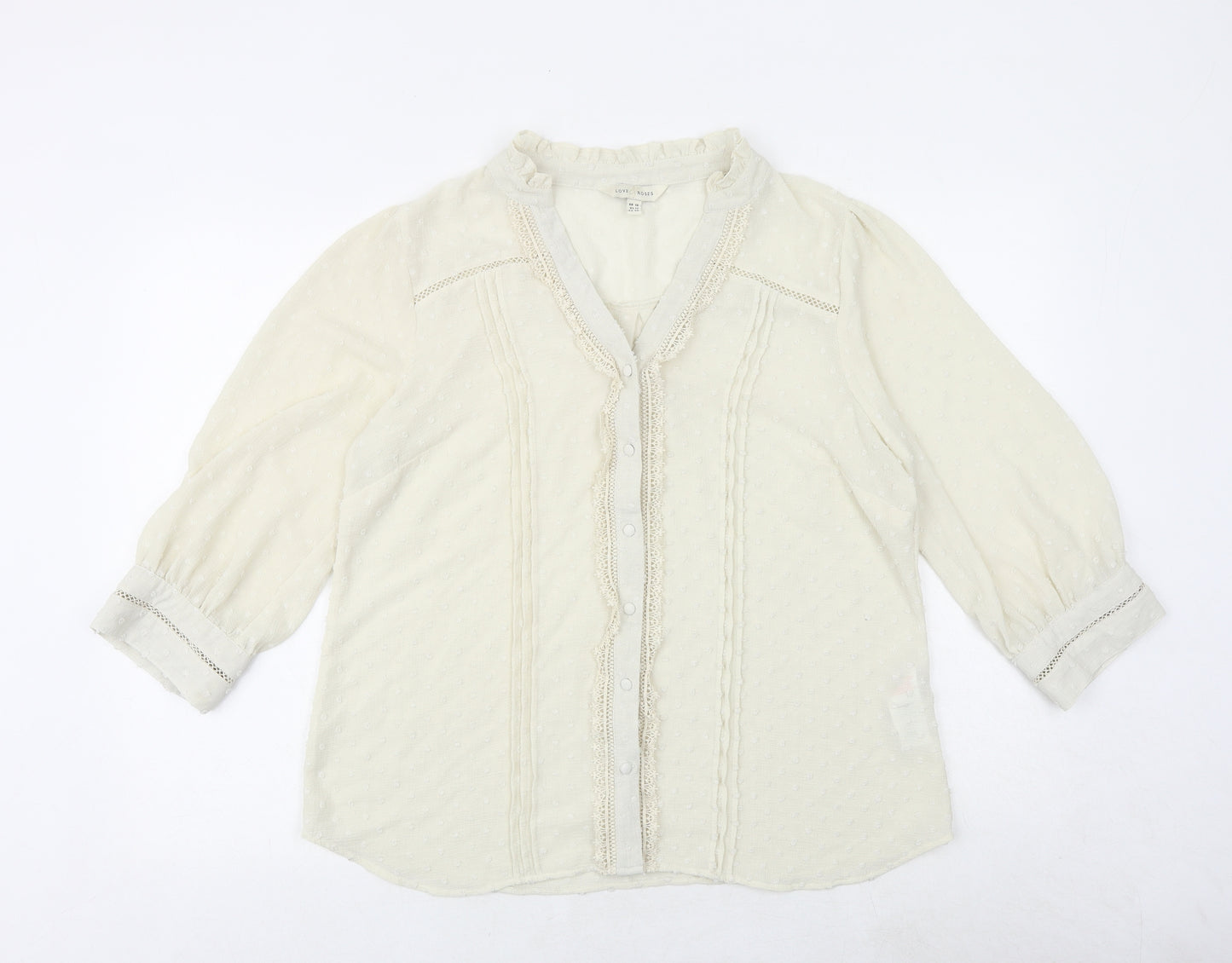 Love Roses Womens Ivory Polyester Basic Button-Up Size 16 V-Neck - Lace Detail