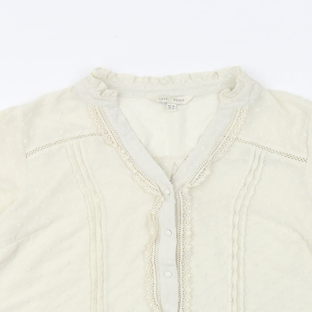 Love Roses Womens Ivory Polyester Basic Button-Up Size 16 V-Neck - Lace Detail