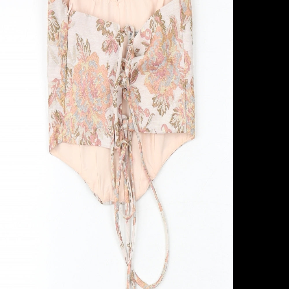 Bershka Womens Pink Floral Polyester Cropped Tank Size S Sweetheart - Corset Style Lace Up Back