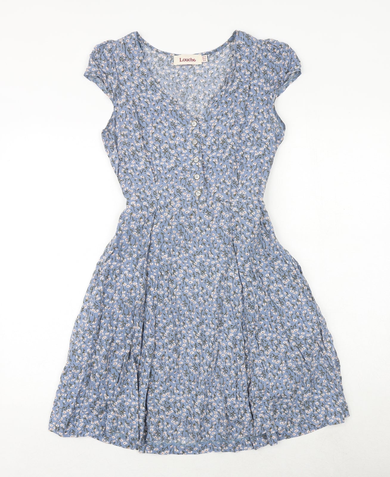 Louche Womens Blue Floral Viscose A-Line Size 12 V-Neck Tie