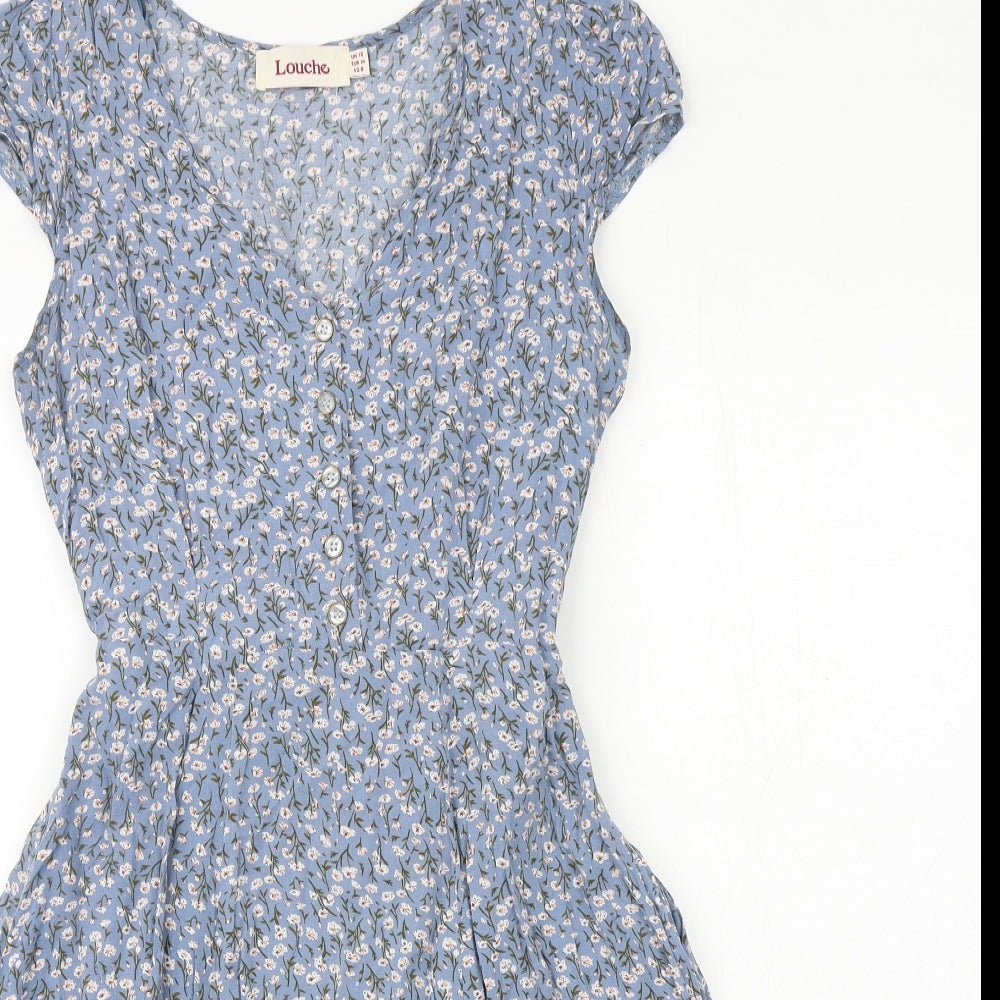 Louche Womens Blue Floral Viscose A-Line Size 12 V-Neck Tie