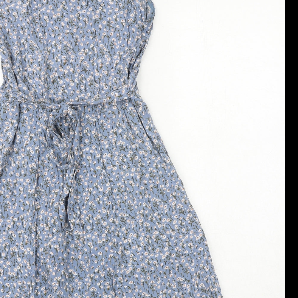 Louche Womens Blue Floral Viscose A-Line Size 12 V-Neck Tie