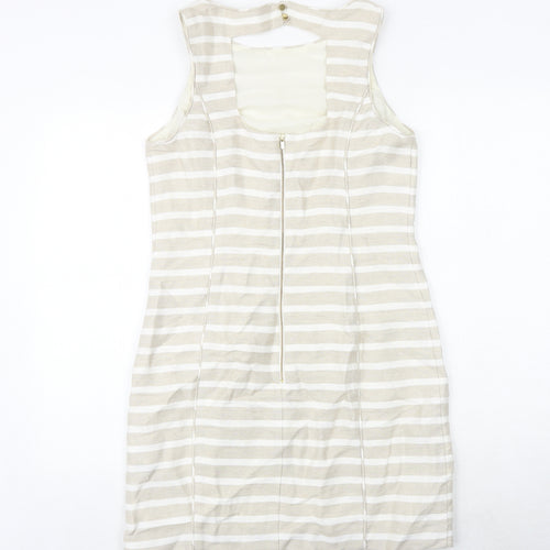Banana Republic Womens Beige Striped Linen A-Line Size 8 Round Neck Zip
