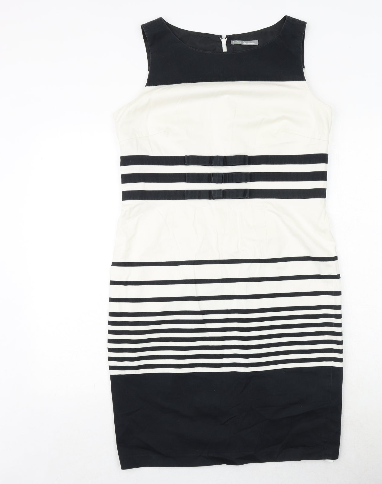 Marks and Spencer Womens Black Striped Cotton A-Line Size 14 Round Neck Zip